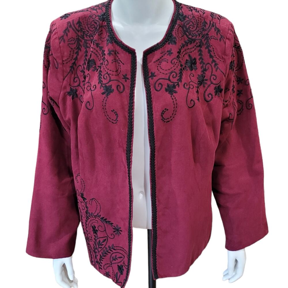 DRESSBARN WOMAN Burgundy Red Black Embroidered Blazer 18/20 Vines Floral Open